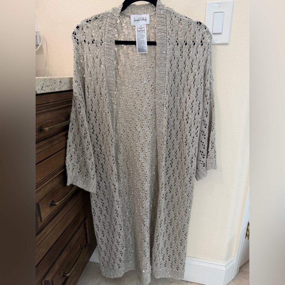 Joseph Ribkoff Open-Knit Long Cardigan in Taupe
